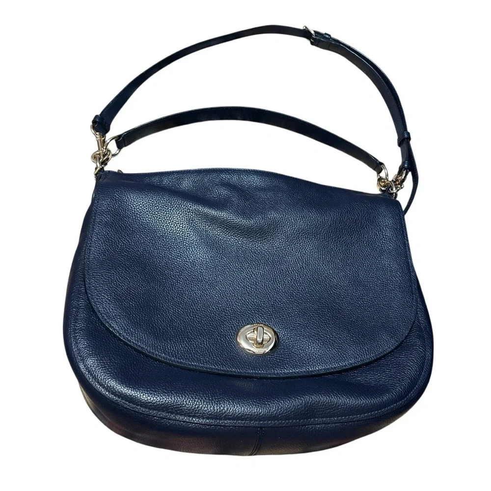 Coach Turnlock Hobo Crossbody Bag Pebbled Leather Navy Luxury Office Authentic